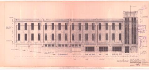 Alzado original del edificio de Telefónica, con los sellos del proyecto