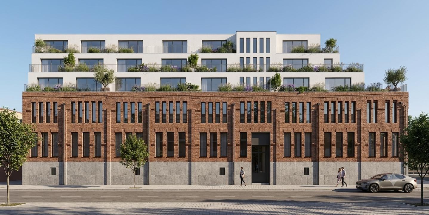 Render de la fachada rehabilitada de La Central Pinar en la calle Miranda de Arga