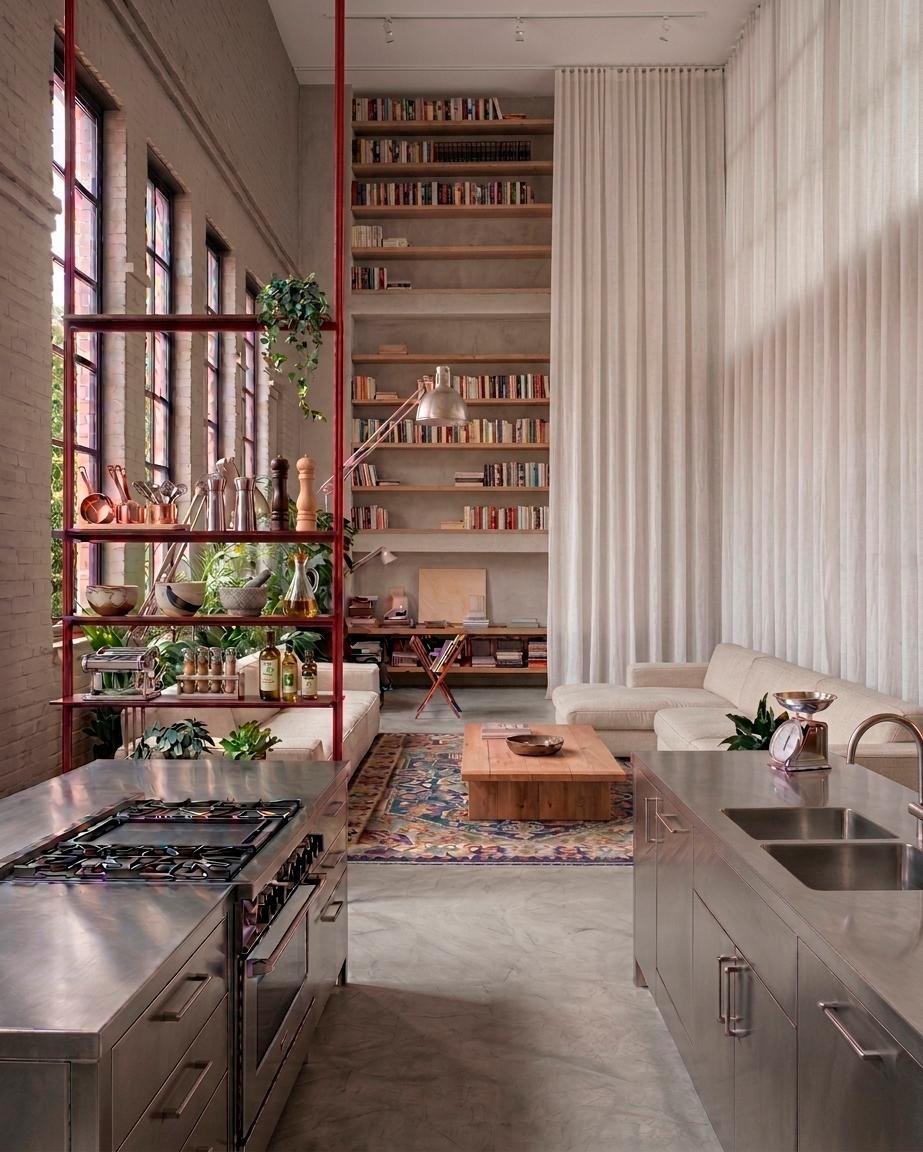 Render de salón y cocina en una vivienda del edificio original