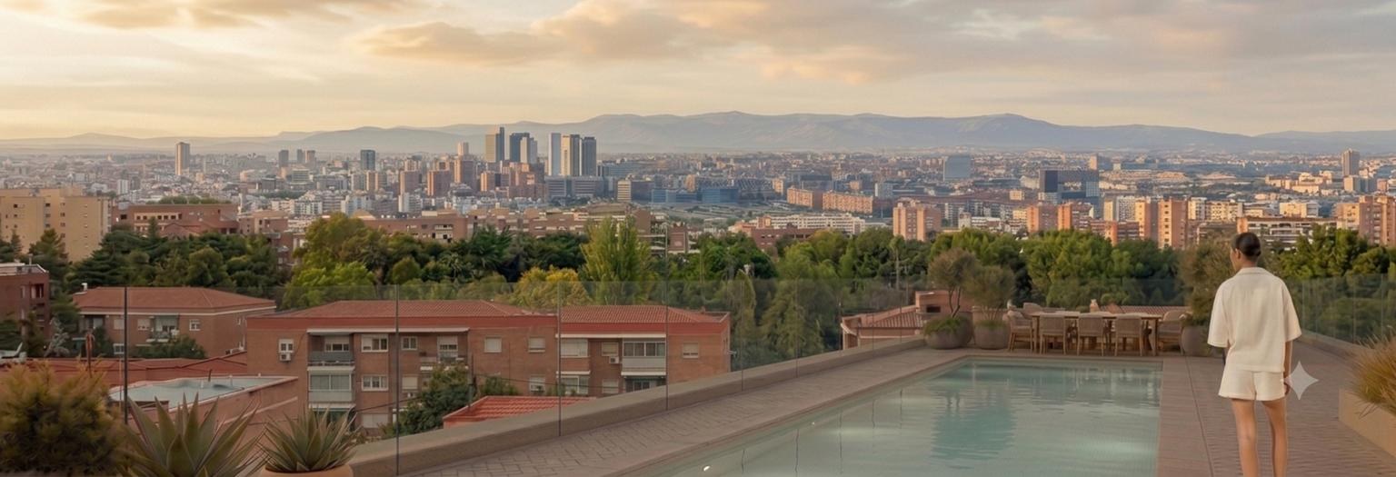 Render de la piscina en cubierta con vistas a la ciudad y la sierra