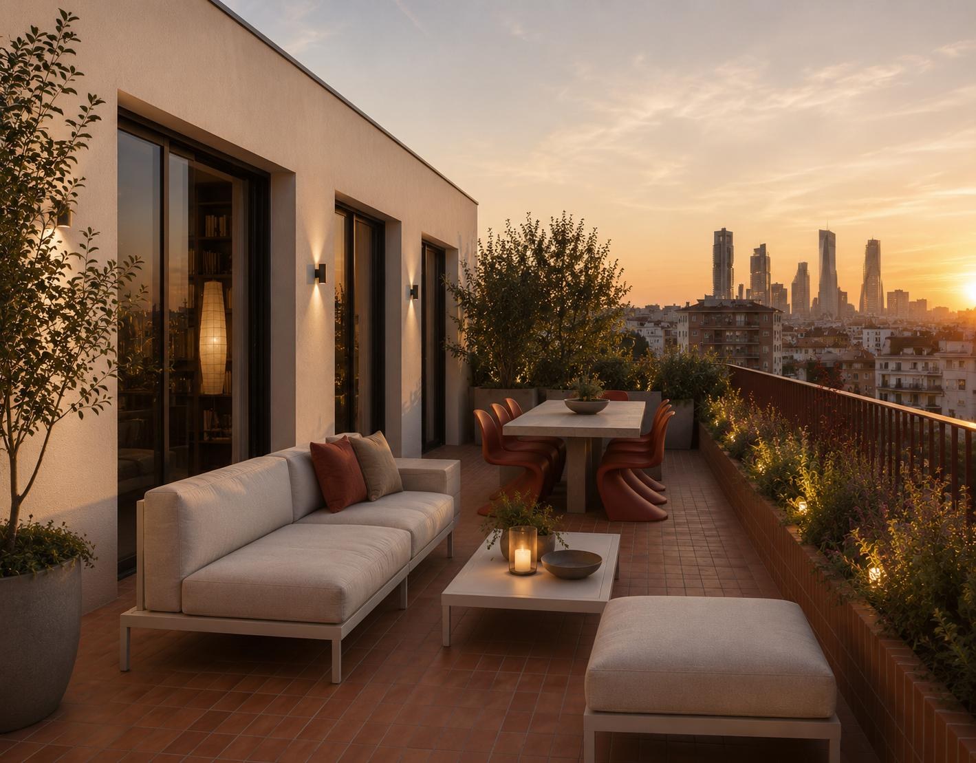 Render de una terraza al atardecer con vistas a las torres de Madrid